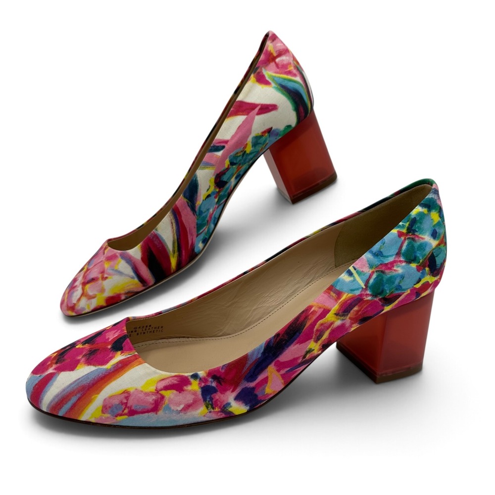 J.Crew Womens 8 Floral Block Heel Pumps Multi-Color Abstract Made in Italy G4258